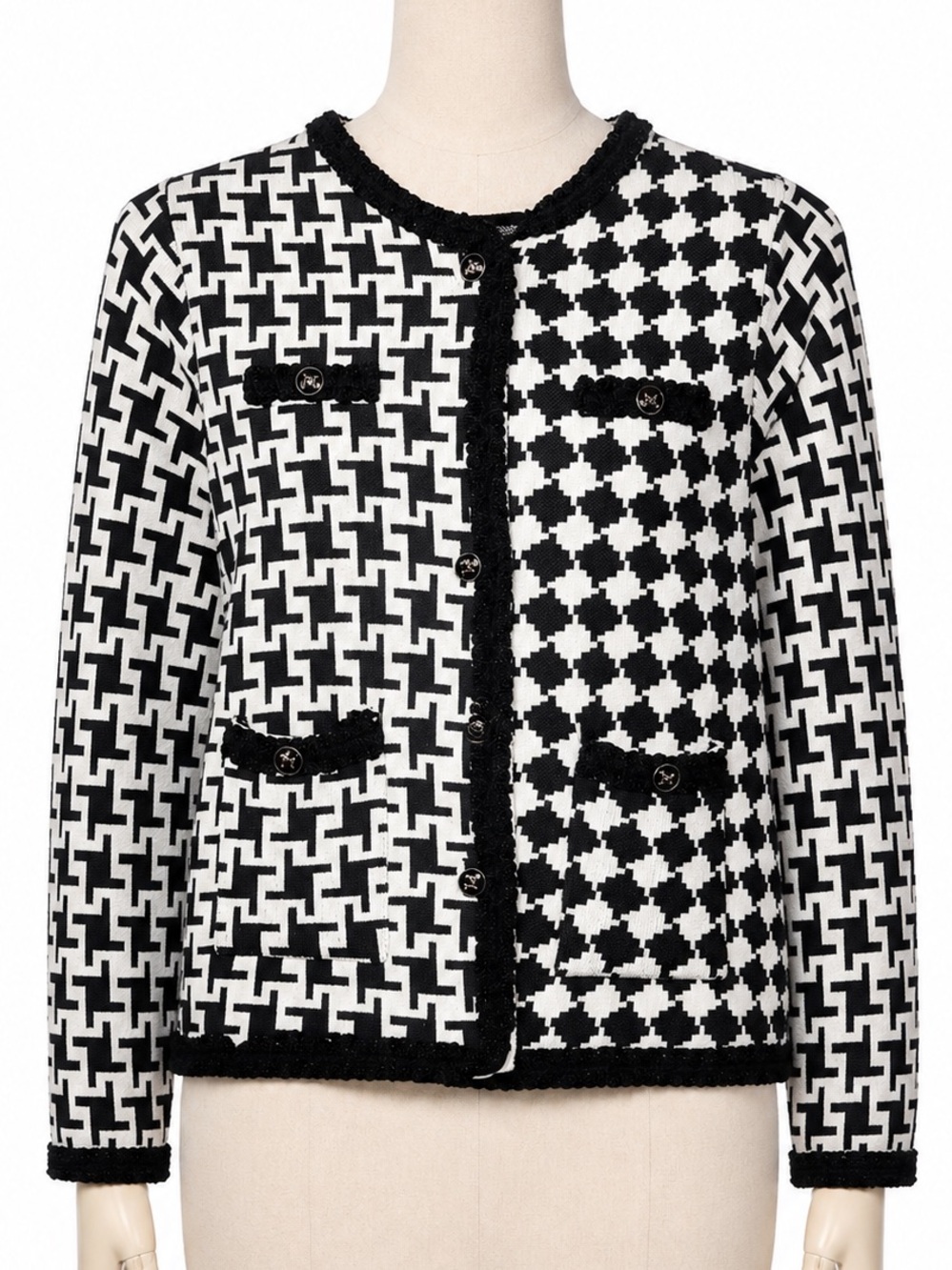 Asymmetric Parisian Style Split Houndstooth Button Knit Jacket Cardigan Blazer L